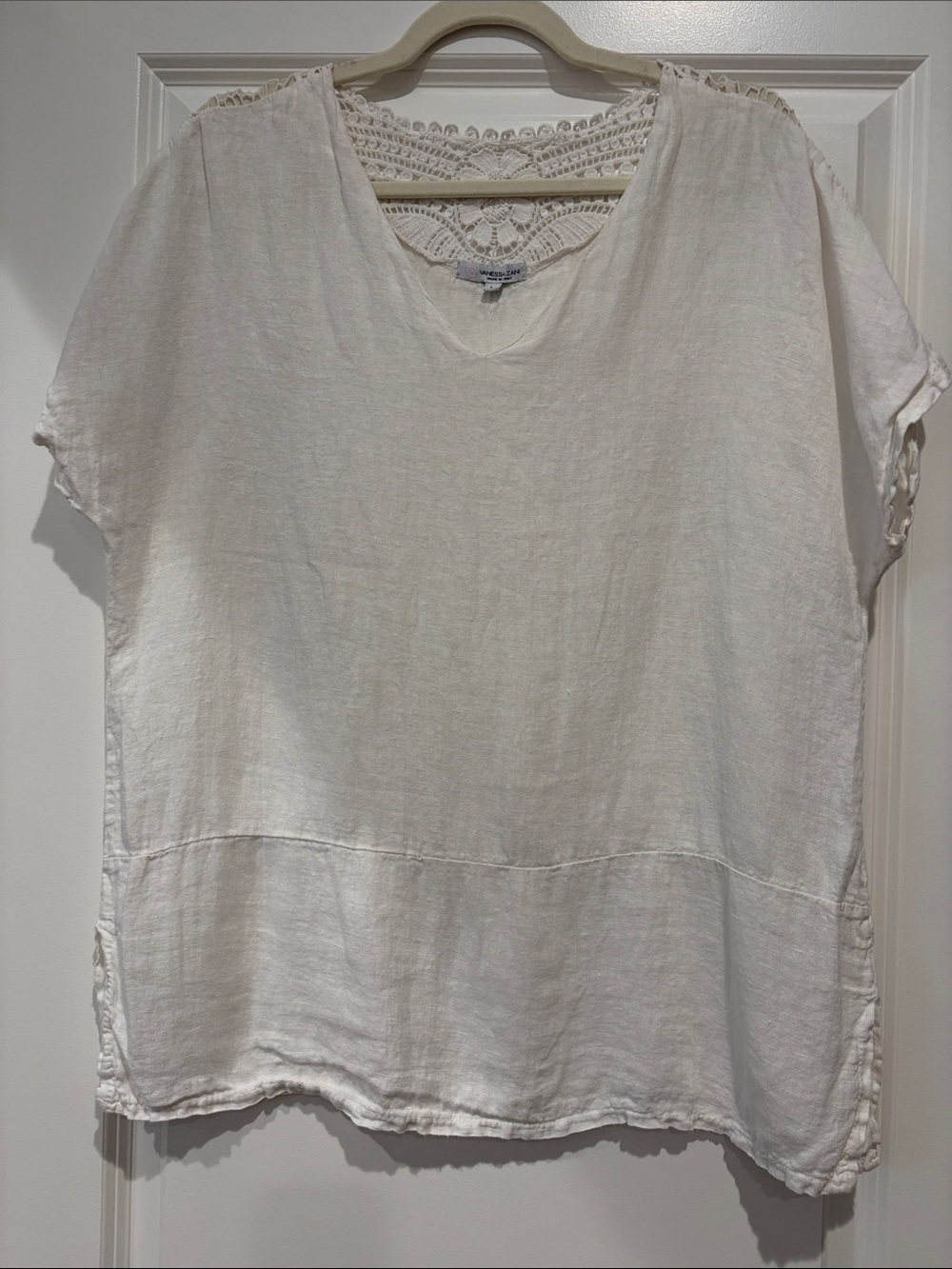 Vanessa Zani White Crochet-Back Linen Blend Women's Top, L